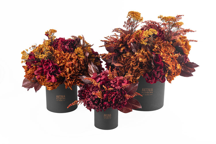 Composizione Florever Amber Sunrise con ortensie e fiori stabilizzati nei toni bordeaux, ambra e arancio