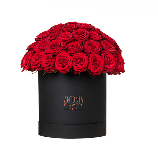Flowerbox Ischia con rose rosse in box nera Antonia Flowers