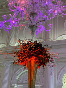 Grande installazione floreale illuminata nei toni rosso e viola in ambiente elegante