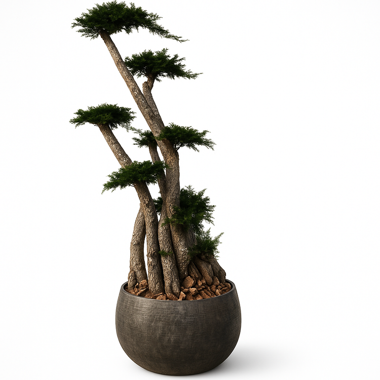 Albero stabilizzato Jumbo con chioma scolpita e tronchi naturali in vaso decorativo