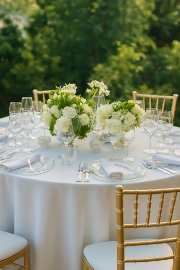 Allestimento floreale per matrimonio a Casina Valadier con centrotavola bianchi e verdi