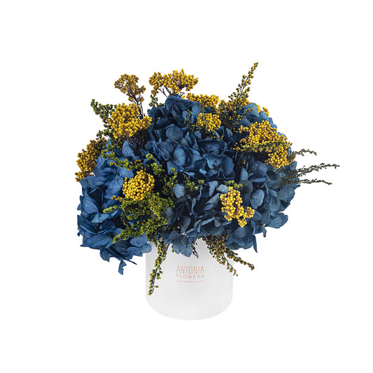 Composizione Florever Coastal Breeze con ortensie blu e fiori stabilizzati gialli