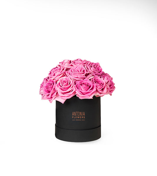 Flowerbox Portofino con rose rosa in box nera Antonia Flowers