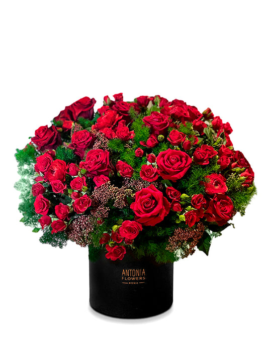 Flowerbox Roma con rose rosse e verde ornamentale in box nera Antonia Flowers